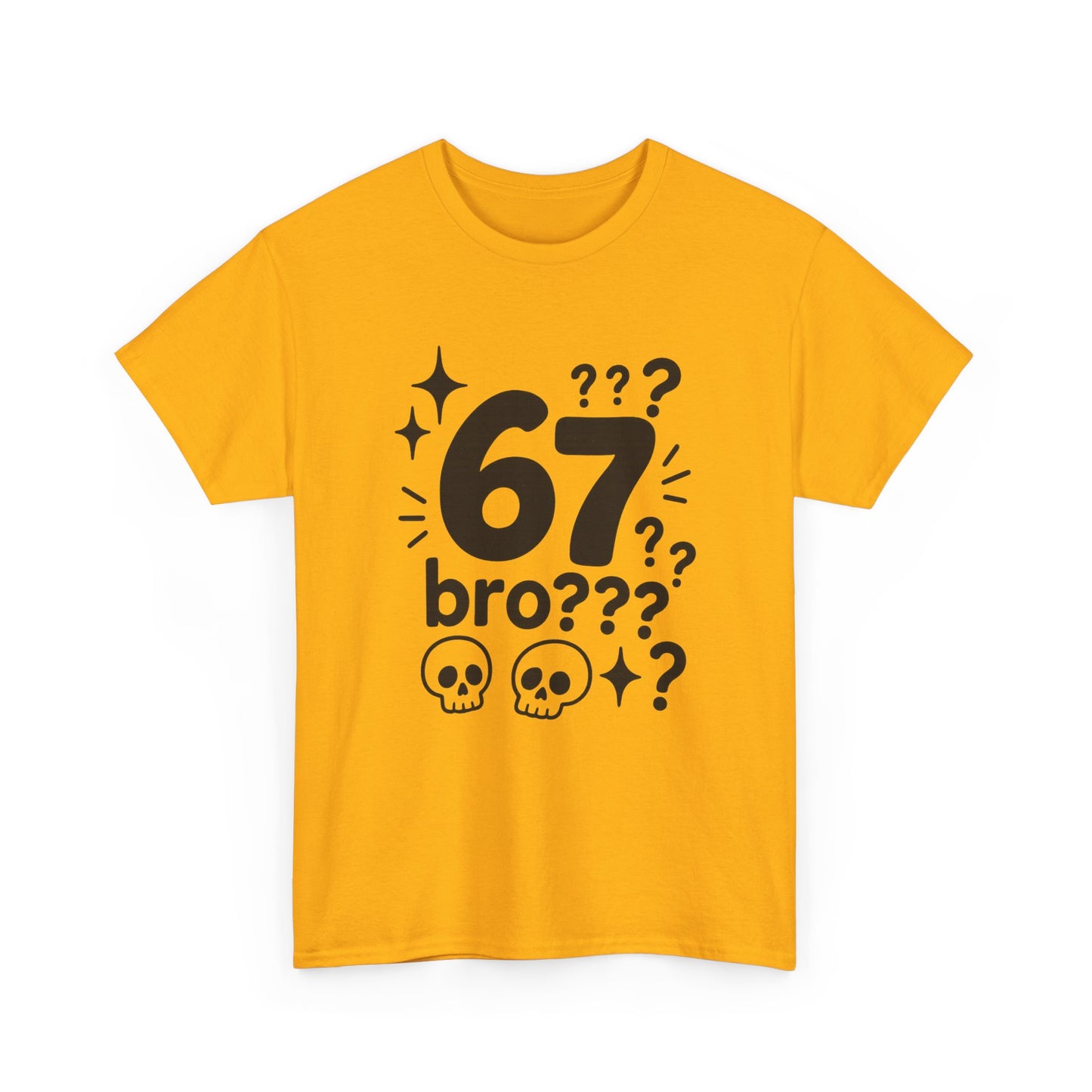 T-Shirt — "67 bro???" Graphic Tee with Skull Icons