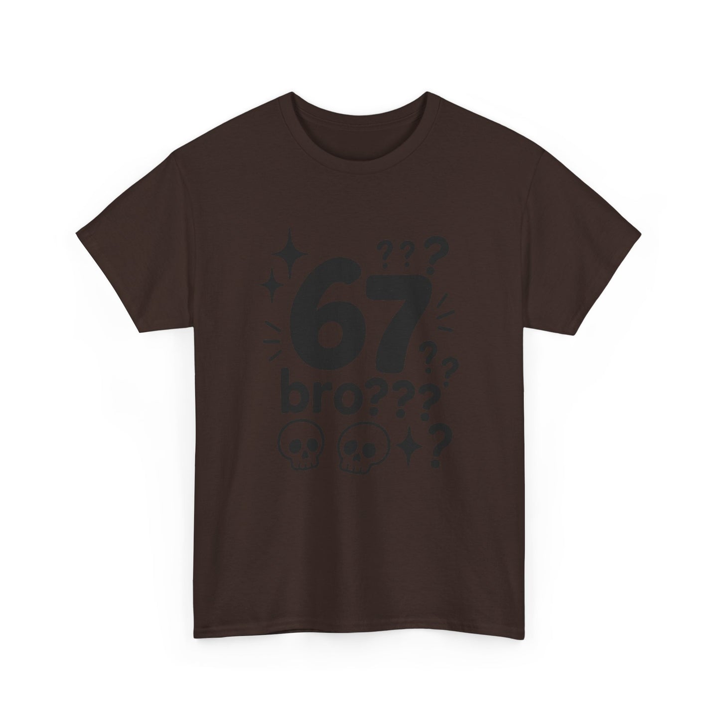 T-Shirt — "67 bro???" Graphic Tee with Skull Icons