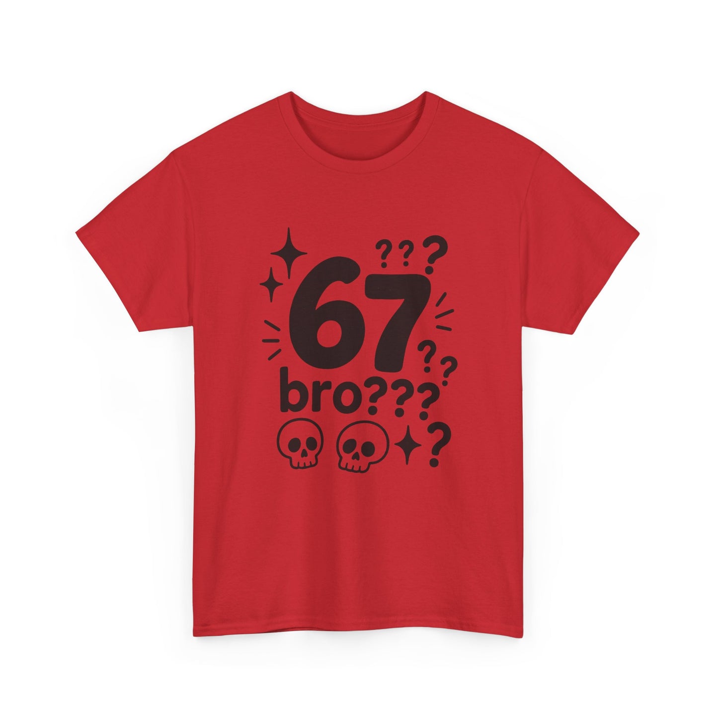 T-Shirt — "67 bro???" Graphic Tee with Skull Icons