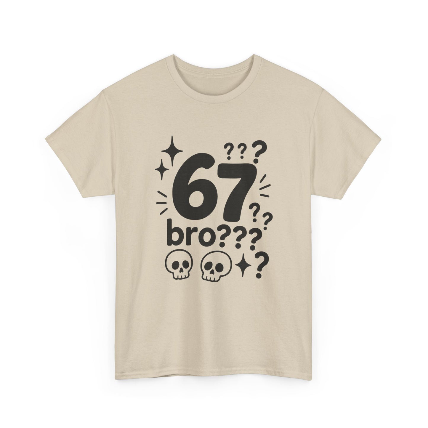 T-Shirt — "67 bro???" Graphic Tee with Skull Icons