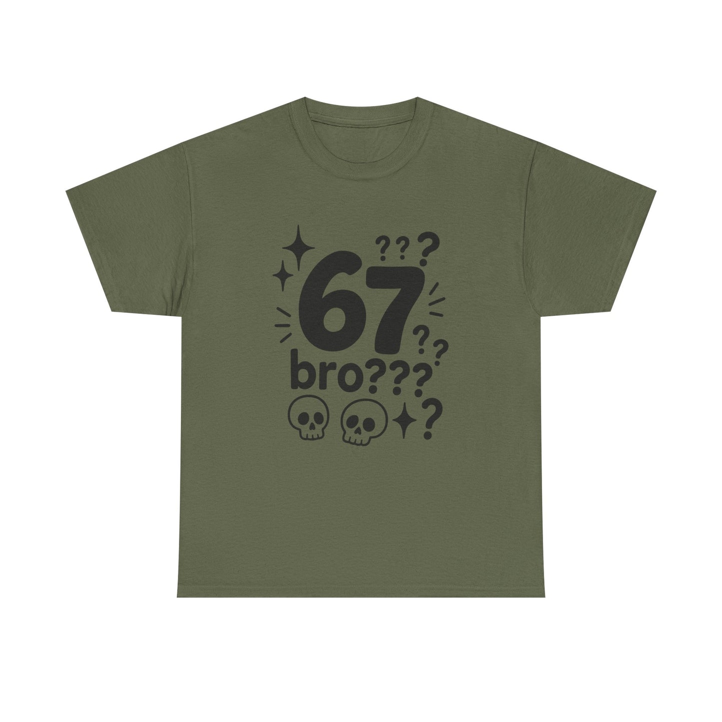 T-Shirt — "67 bro???" Graphic Tee with Skull Icons